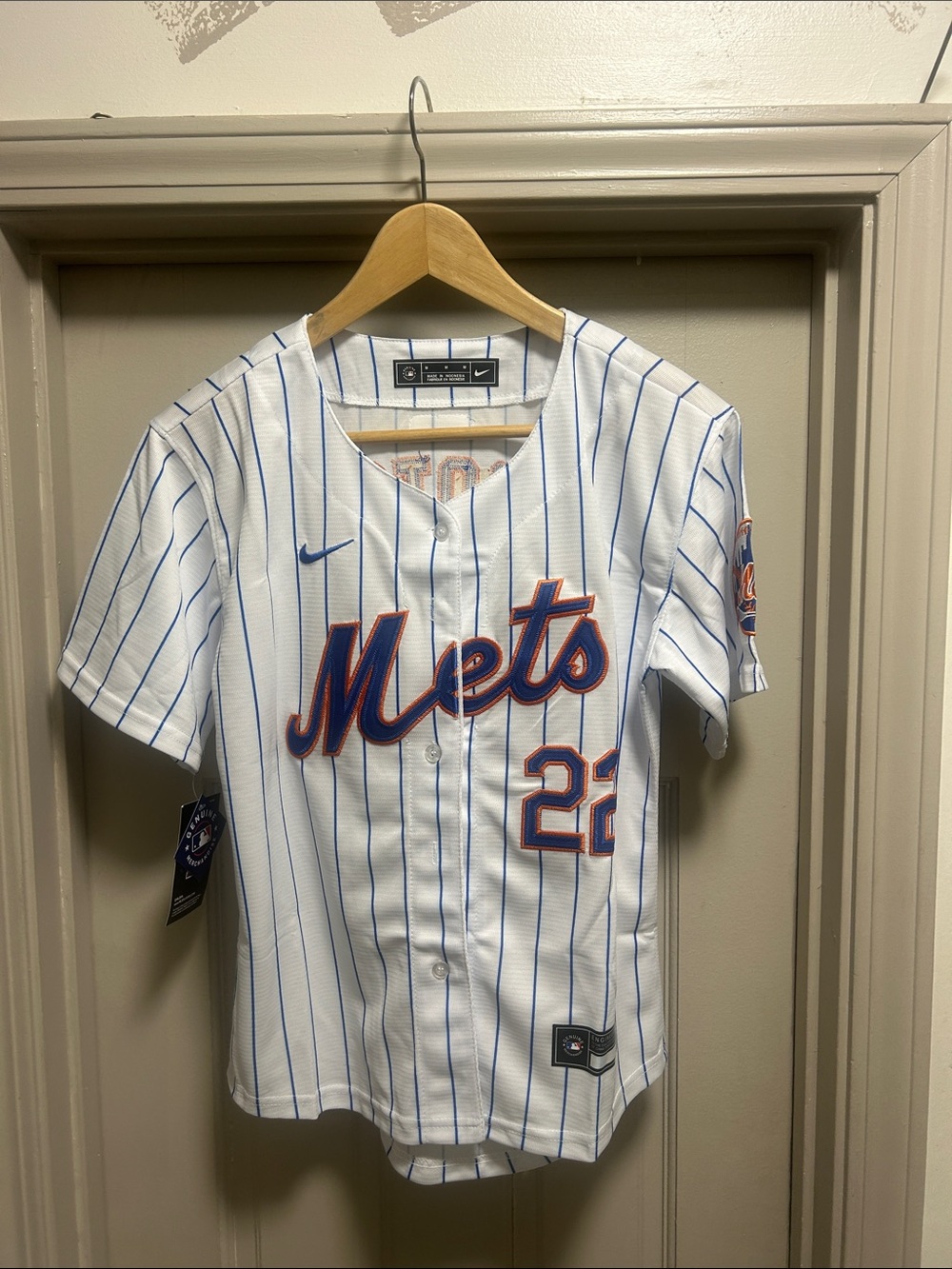 New York Mets Soto #22 White Pinstripe Jersey with Blue & Orange Accents